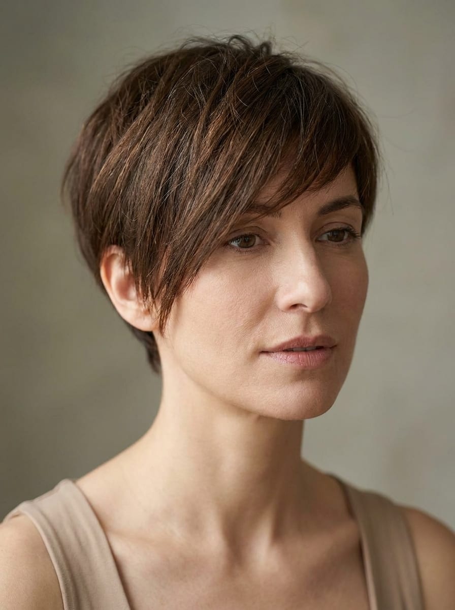 Pixie mit langem seitlichem Pony - Kurzhaarfrisur für glatte Haare